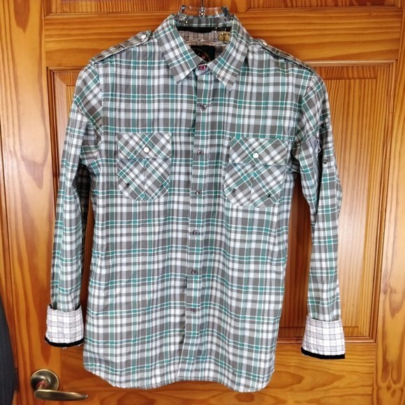 One90One Plaid Button-Up Shirt MED Velvet Trim Snap Grommet Zipper Detail - Picture 2 of 7